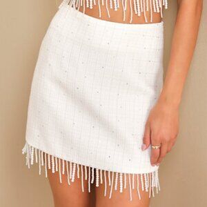 Lulus Voguish Ways White Tweed Pearl Fringe Mini Skirt - Size XS